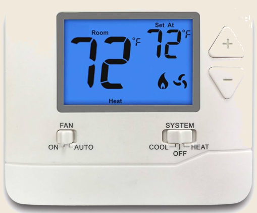 A beige wall thermostat with a small blue screen and eight buttons and switches.